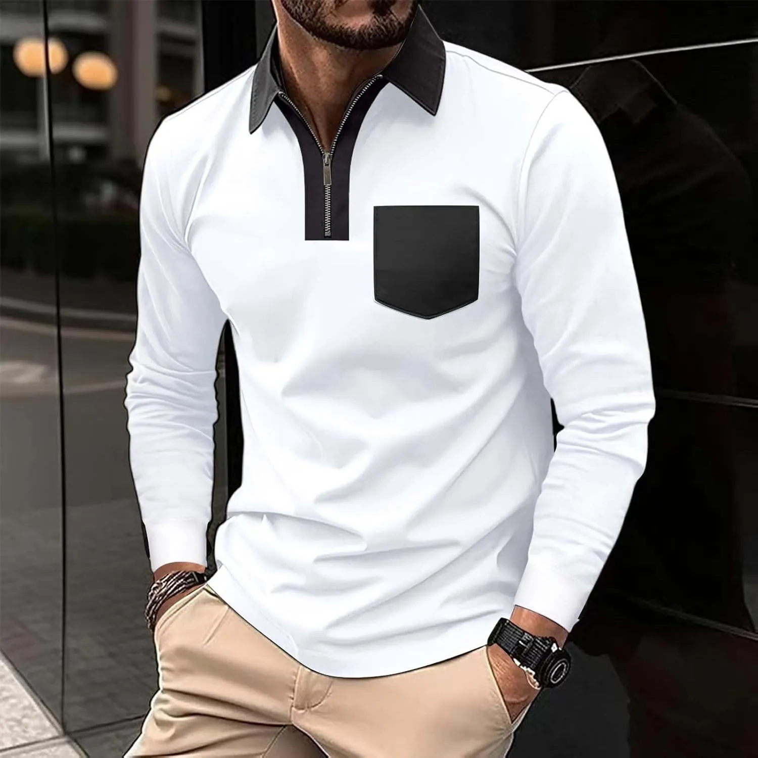 Polo Long Sleeve Shirts for Men Casual Half Zip Golf Shirts Fashion Color Block Basic Tops with Pocket Big and Tall
