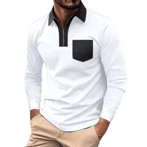 Polo Long Sleeve Shirts for Men Casual Half Zip Golf Shirts Fashion Color Block Basic Tops with Pocket Big and Tall