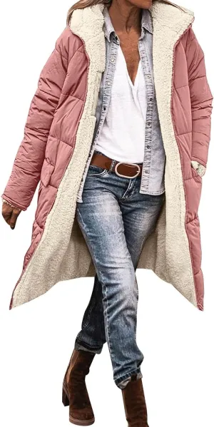 Puffer Coats for Women Winter Warm Fleece Lined Reversible Hooded Down Jackets with Pockets Knee Length Outerwear 2024