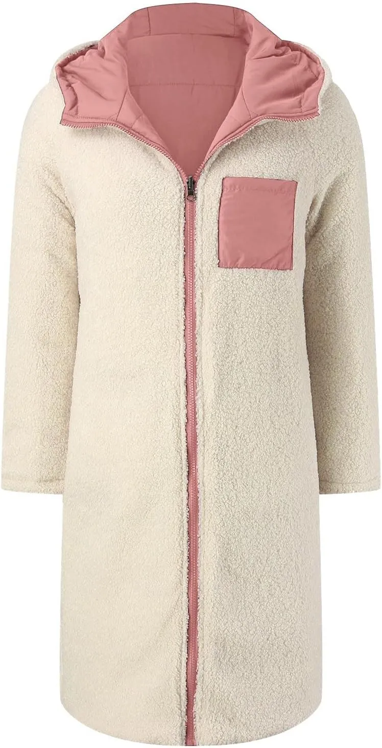 Puffer Coats for Women Winter Warm Fleece Lined Reversible Hooded Down Jackets with Pockets Knee Length Outerwear 2024