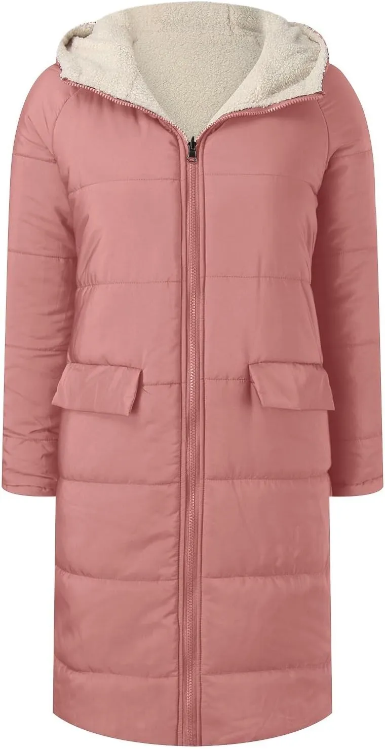 Puffer Coats for Women Winter Warm Fleece Lined Reversible Hooded Down Jackets with Pockets Knee Length Outerwear 2024