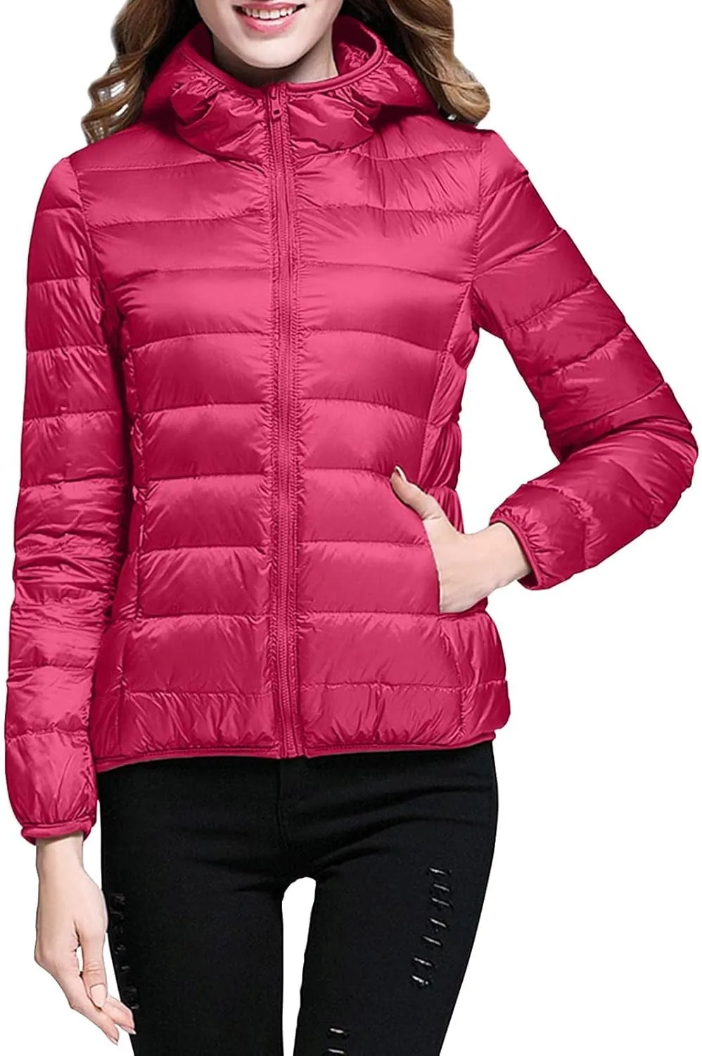 Puffer Jacket for Women Long Sleeve High Neck Full Zip Up Plain Hooded Down Coat With Pocket With Hood Stand-up Collar Dowm