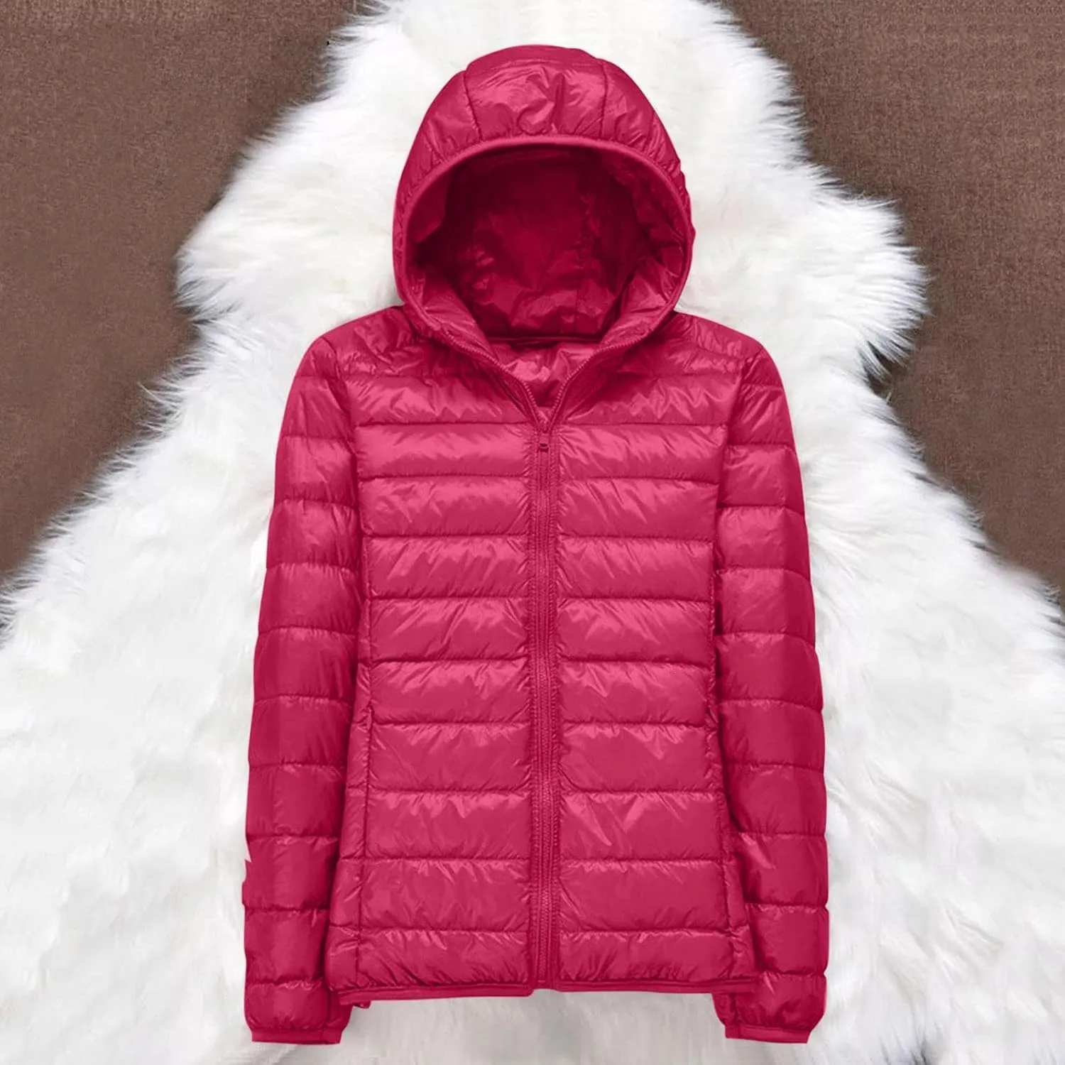 Puffer Jacket for Women Long Sleeve High Neck Full Zip Up Plain Hooded Down Coat With Pocket With Hood Stand-up Collar Dowm
