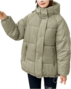 Puffer Jacket Womens Padded Down Coat Snap Heavy Parkas Thicken Cowl Neck Hooded Outerwear with Zipper Pockets