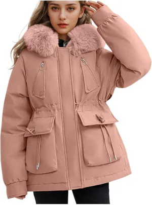 Puffer Jacket Womens Winter Warm Down Coats Casual Thicken Parkas Zip Up Fleece Down Jackets Drawstring Waist Outwear