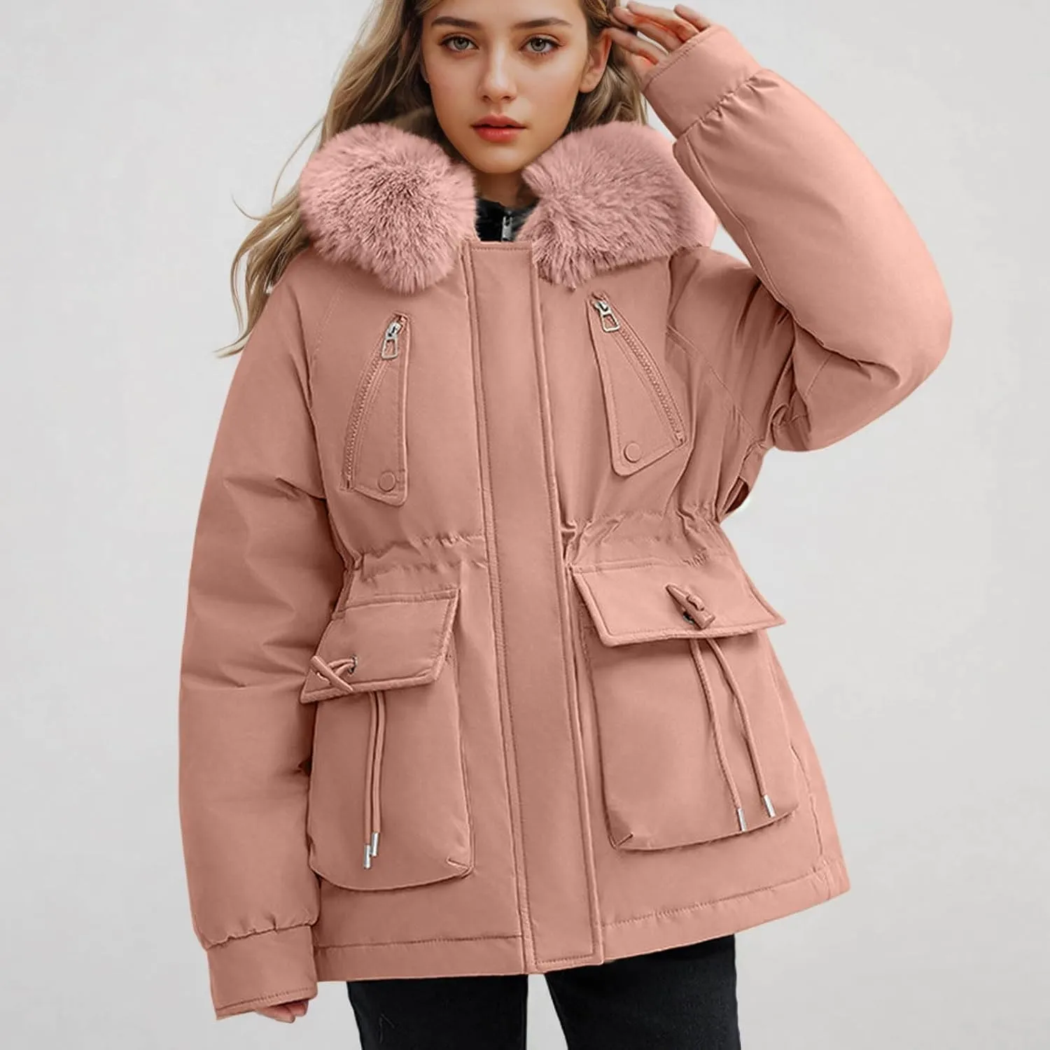 Puffer Jacket Womens Winter Warm Down Coats Casual Thicken Parkas Zip Up Fleece Down Jackets Drawstring Waist Outwear