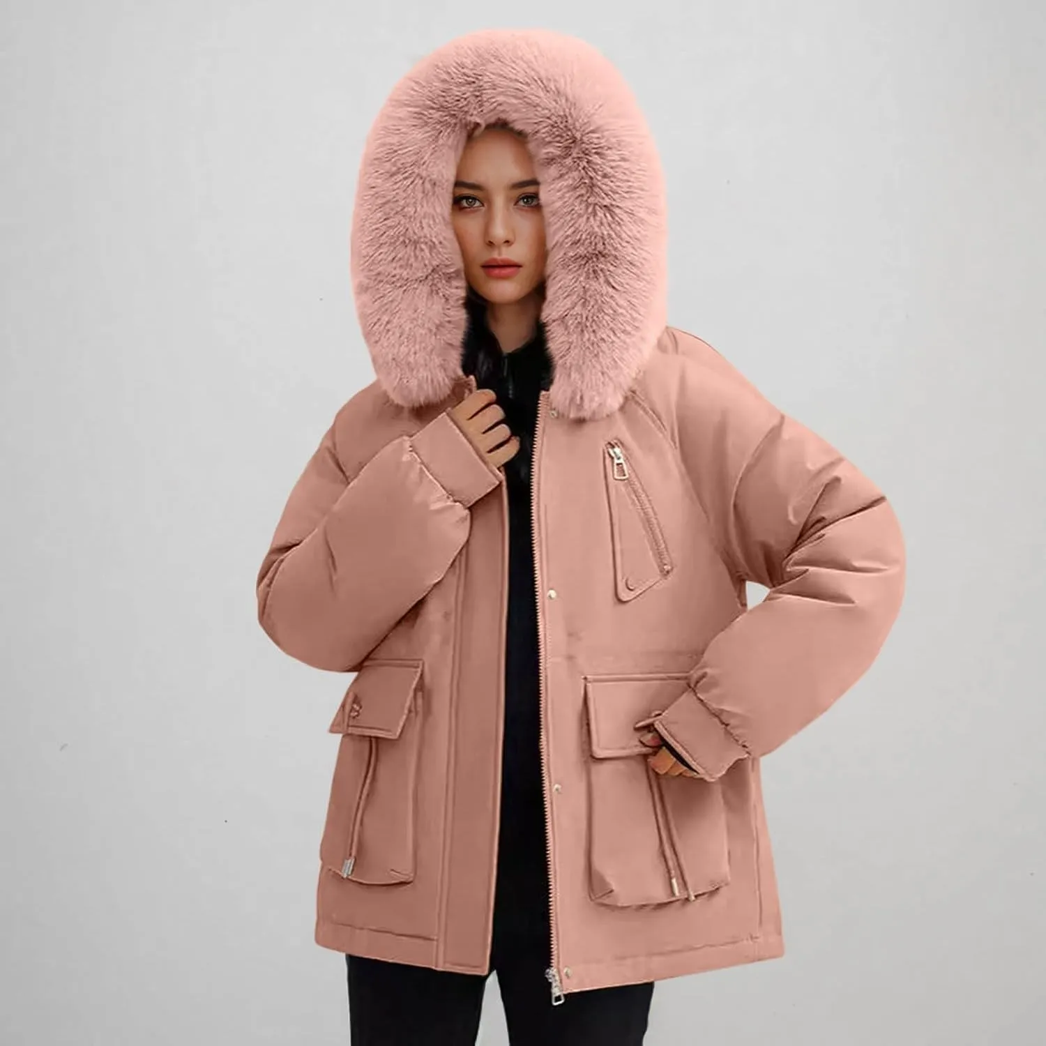 Puffer Jacket Womens Winter Warm Down Coats Casual Thicken Parkas Zip Up Fleece Down Jackets Drawstring Waist Outwear