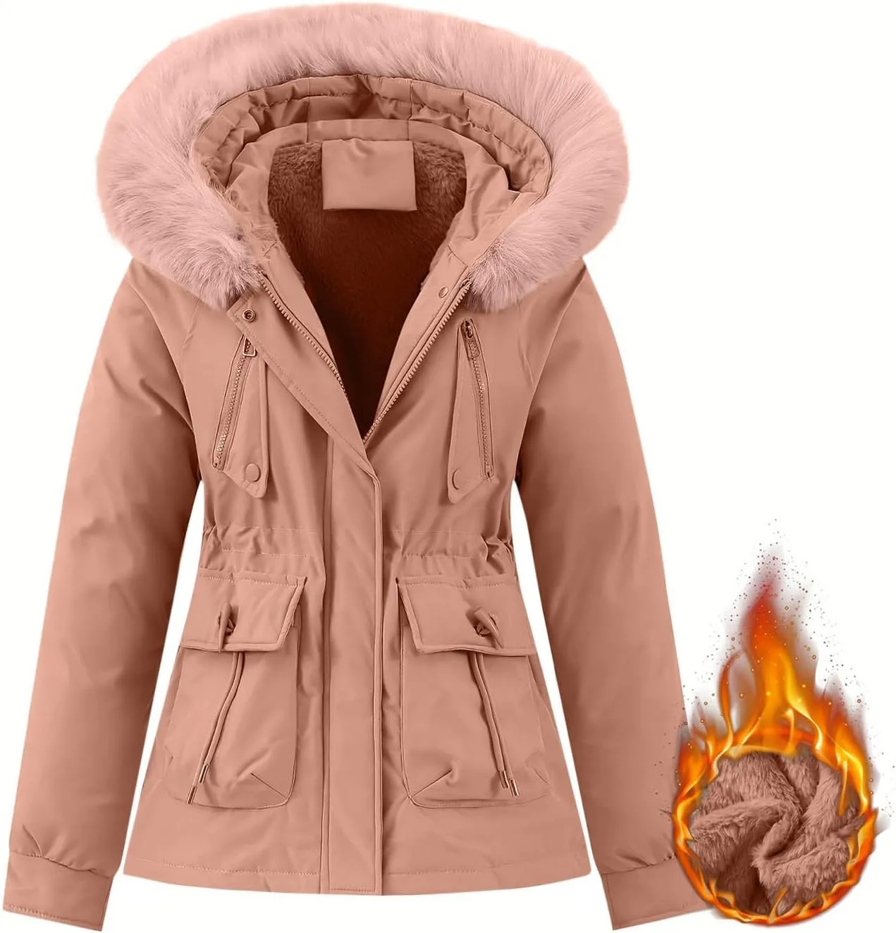 Puffer Jacket Womens Winter Warm Down Coats Casual Thicken Parkas Zip Up Fleece Down Jackets Drawstring Waist Outwear
