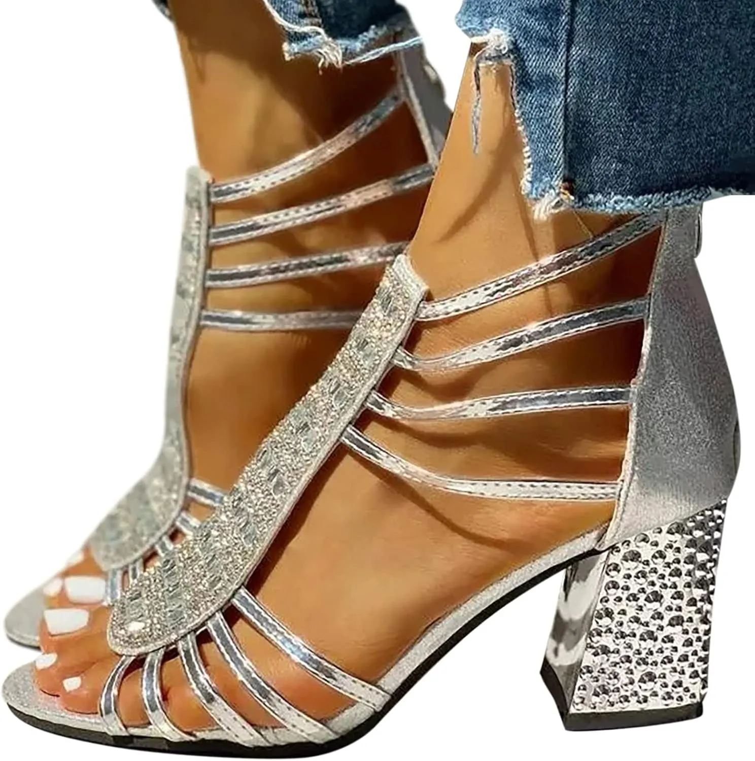 SACFOF Women's Open Toe Shoes High Chunky Heel Cutout Sandals Summer Evening Dress Block Chunky Heels Pumps Sandal Shoes