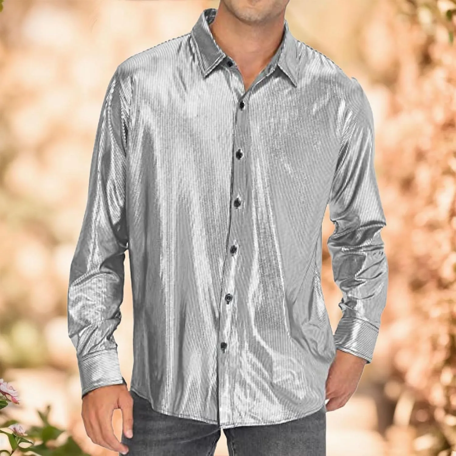 Sequin Shirts for Men Casual Button Down Glitter Mardi Gras Dress Shirt Loose Fit Long Sleeve Lightweight Lapel Blouse