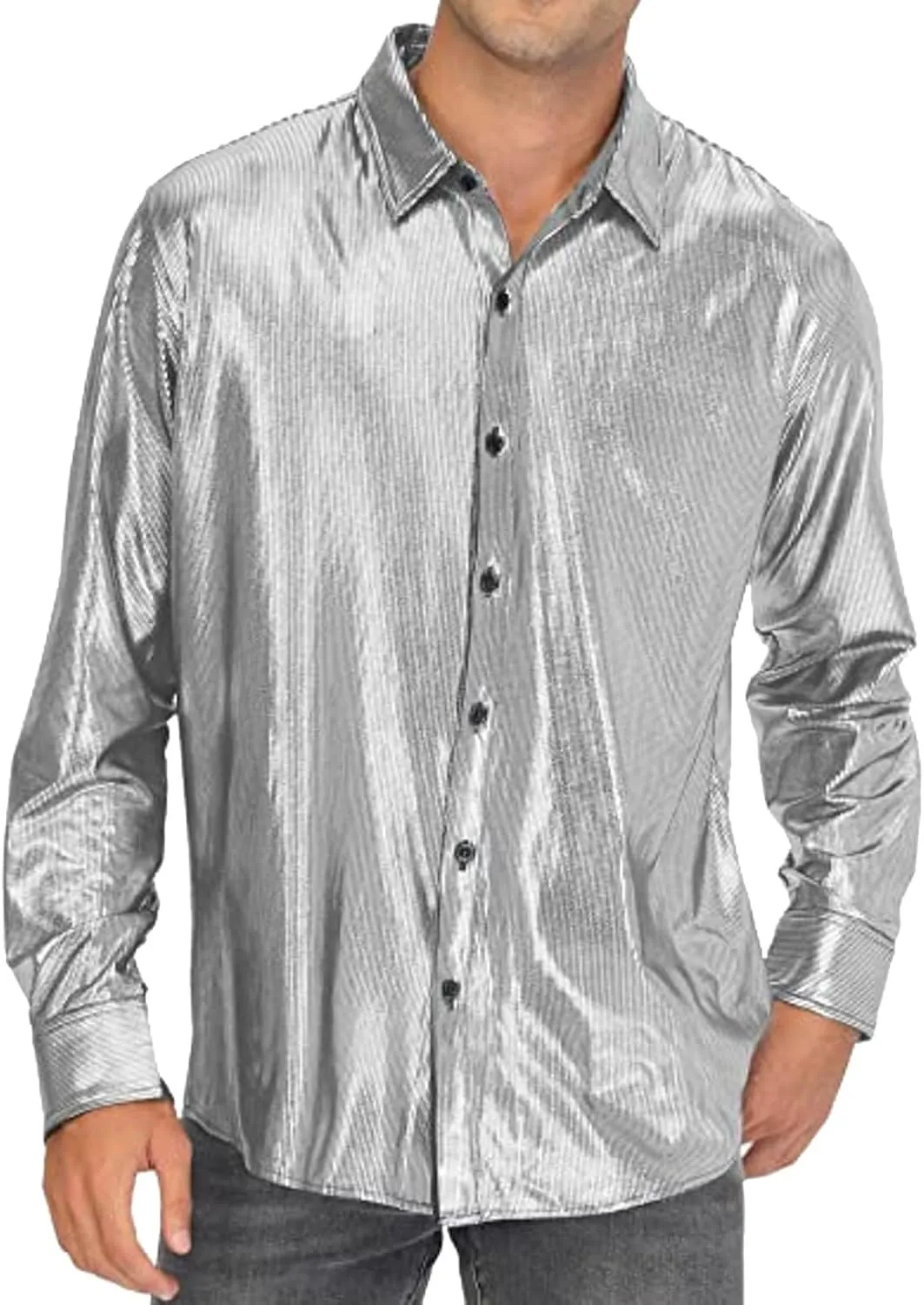 Sequin Shirts for Men Casual Button Down Glitter Mardi Gras Dress Shirt Loose Fit Long Sleeve Lightweight Lapel Blouse