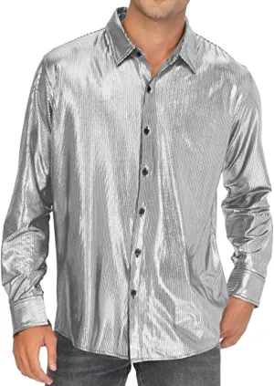 Sequin Shirts for Men Casual Button Down Glitter Mardi Gras Dress Shirt Loose Fit Long Sleeve Lightweight Lapel Blouse