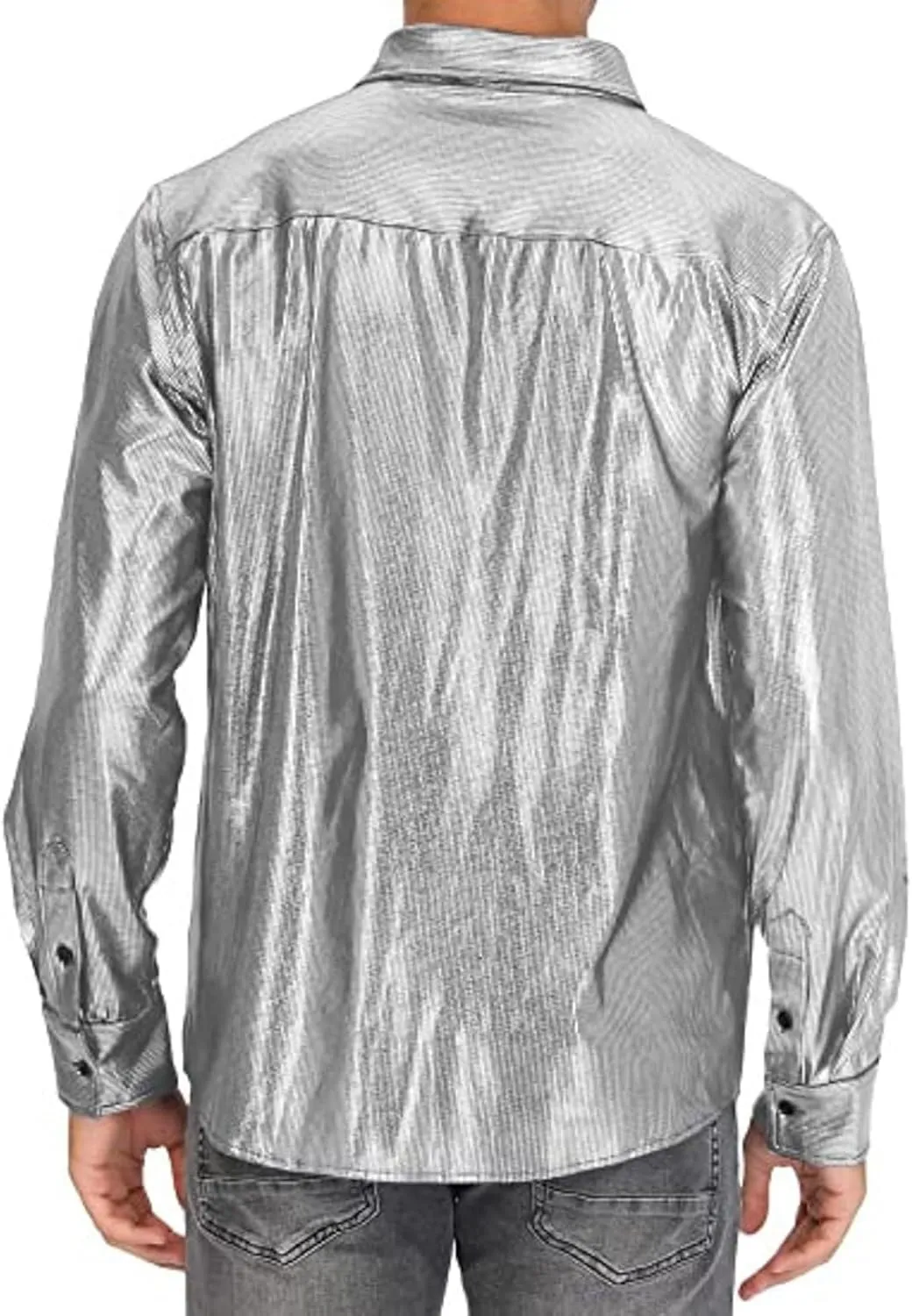 Sequin Shirts for Men Casual Button Down Glitter Mardi Gras Dress Shirt Loose Fit Long Sleeve Lightweight Lapel Blouse