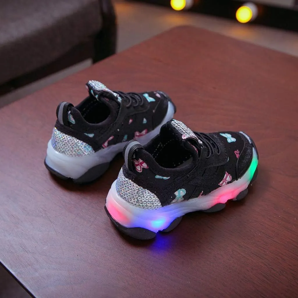 Shoes for Boys Children Kid Baby Girls LED Light Sneaker Butterfly Crystal Running Walking Sport Shoes 1-6 Years