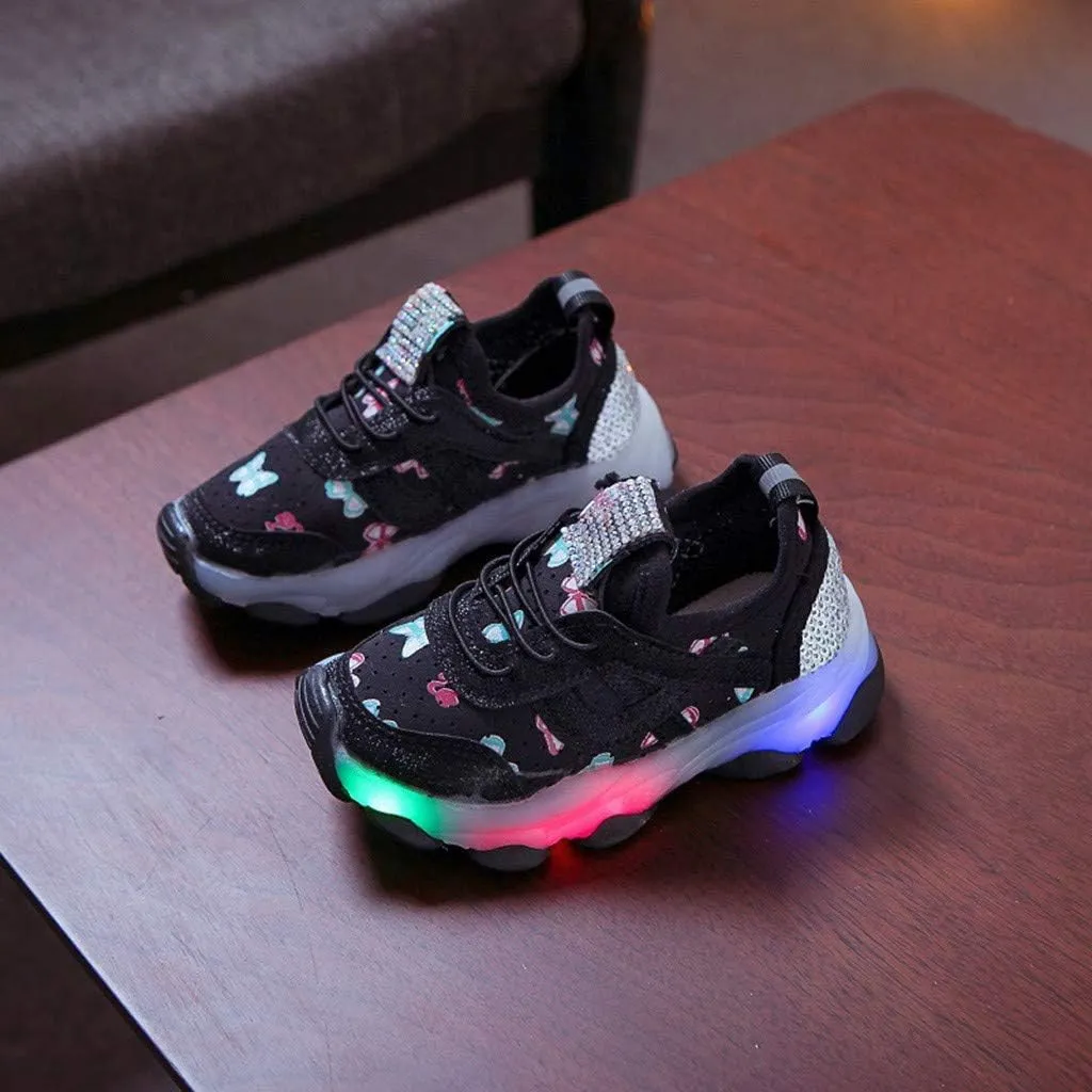 Shoes for Boys Children Kid Baby Girls LED Light Sneaker Butterfly Crystal Running Walking Sport Shoes 1-6 Years