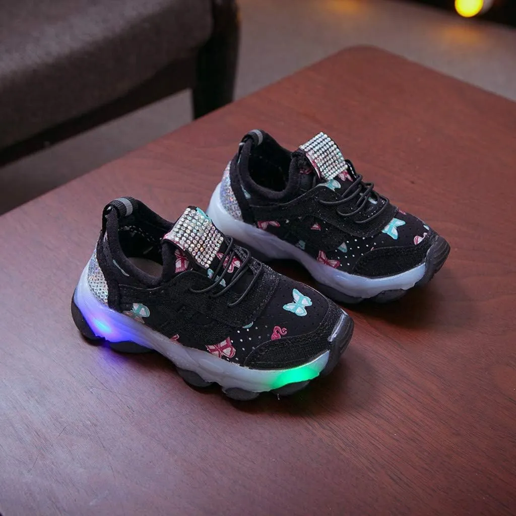Shoes for Boys Children Kid Baby Girls LED Light Sneaker Butterfly Crystal Running Walking Sport Shoes 1-6 Years