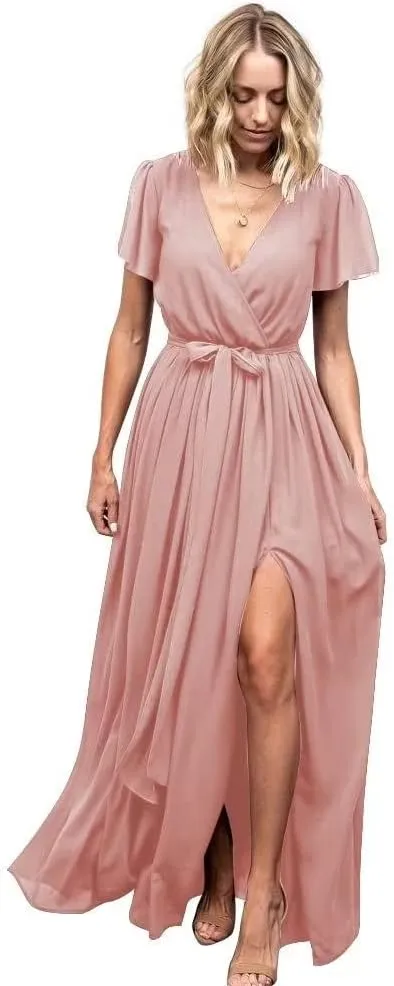 Short Sleeve Bridesmaid Dresses with Slit 2022 V Neck Chiffon Formal Evening Dresses for Women