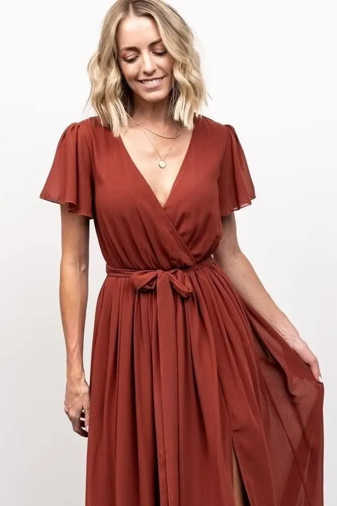 Short Sleeve Bridesmaid Dresses with Slit 2022 V Neck Chiffon Formal Evening Dresses for Women