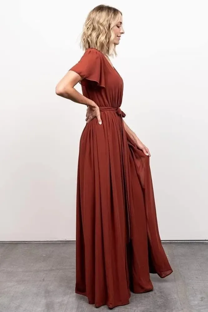 Short Sleeve Bridesmaid Dresses with Slit 2022 V Neck Chiffon Formal Evening Dresses for Women