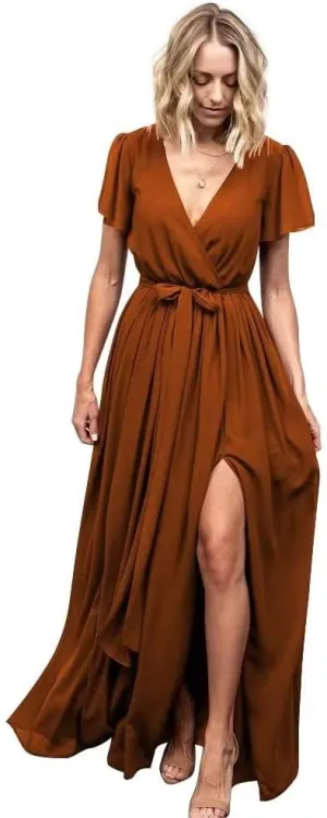 Short Sleeve Bridesmaid Dresses with Slit 2022 V Neck Chiffon Formal Evening Dresses for Women