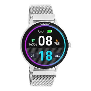 Silver coloured OOZOO smartwatch with silver coloured metal mesh bracelet - Q00135