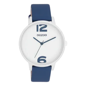 Silver coloured OOZOO watch with dark blue leather strap - C11238