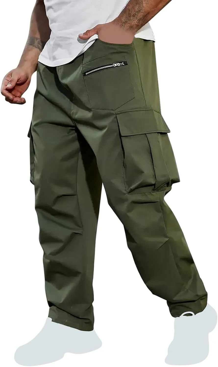 Sinzelimin Men's Cargo Pants Fashion Solid Color Multiple Pockets Loose Comfy Casual Work Trousers Wide Leg Sweatpant