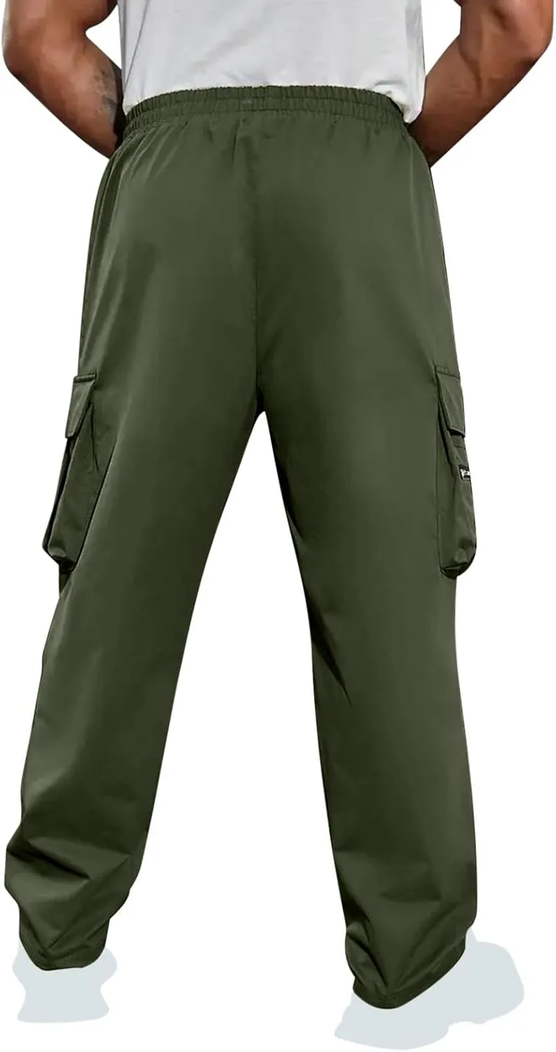Sinzelimin Men's Cargo Pants Fashion Solid Color Multiple Pockets Loose Comfy Casual Work Trousers Wide Leg Sweatpant