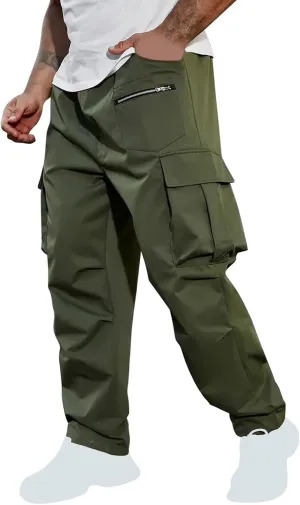 Sinzelimin Men's Cargo Pants Fashion Solid Color Multiple Pockets Loose Comfy Casual Work Trousers Wide Leg Sweatpant