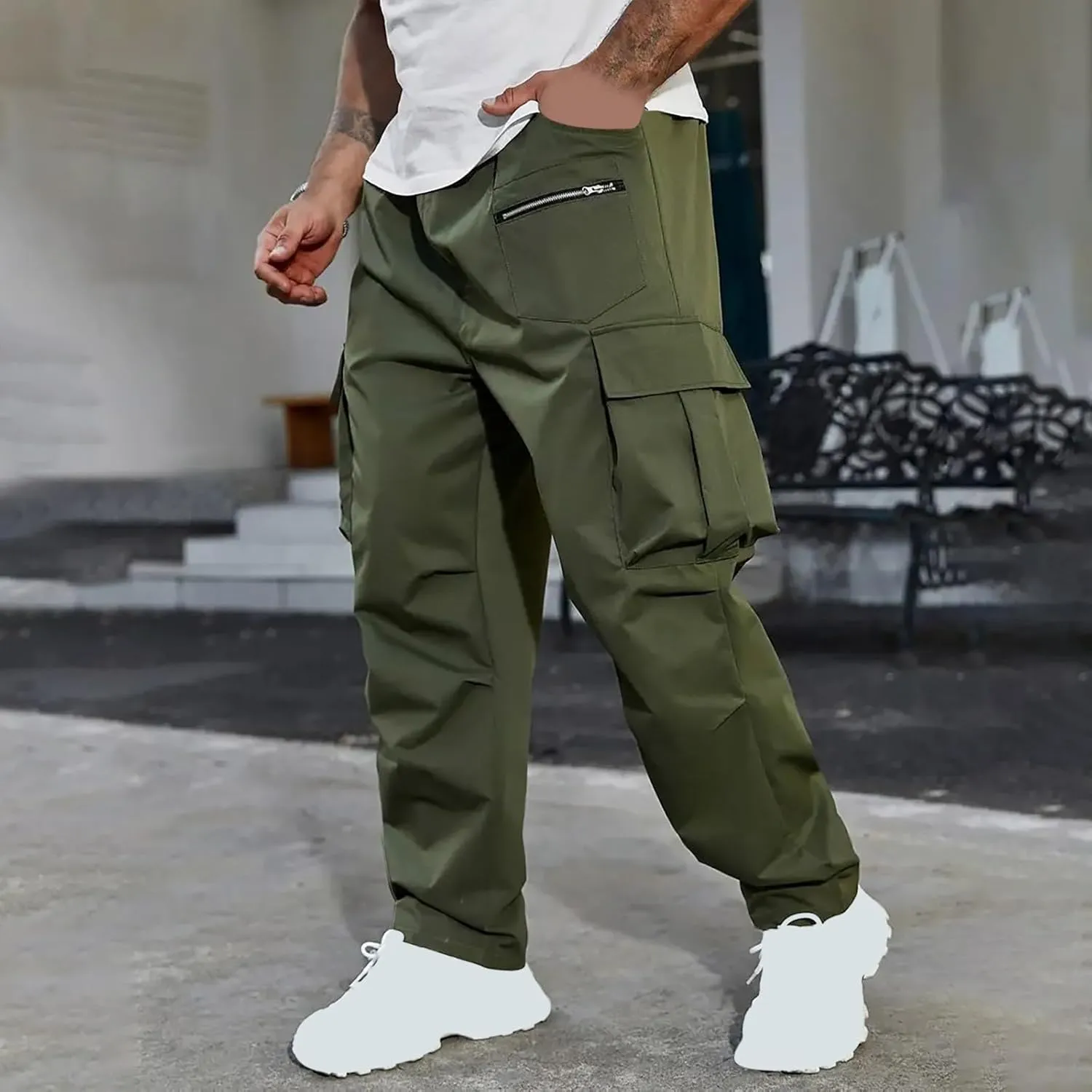 Sinzelimin Men's Cargo Pants Fashion Solid Color Multiple Pockets Loose Comfy Casual Work Trousers Wide Leg Sweatpant