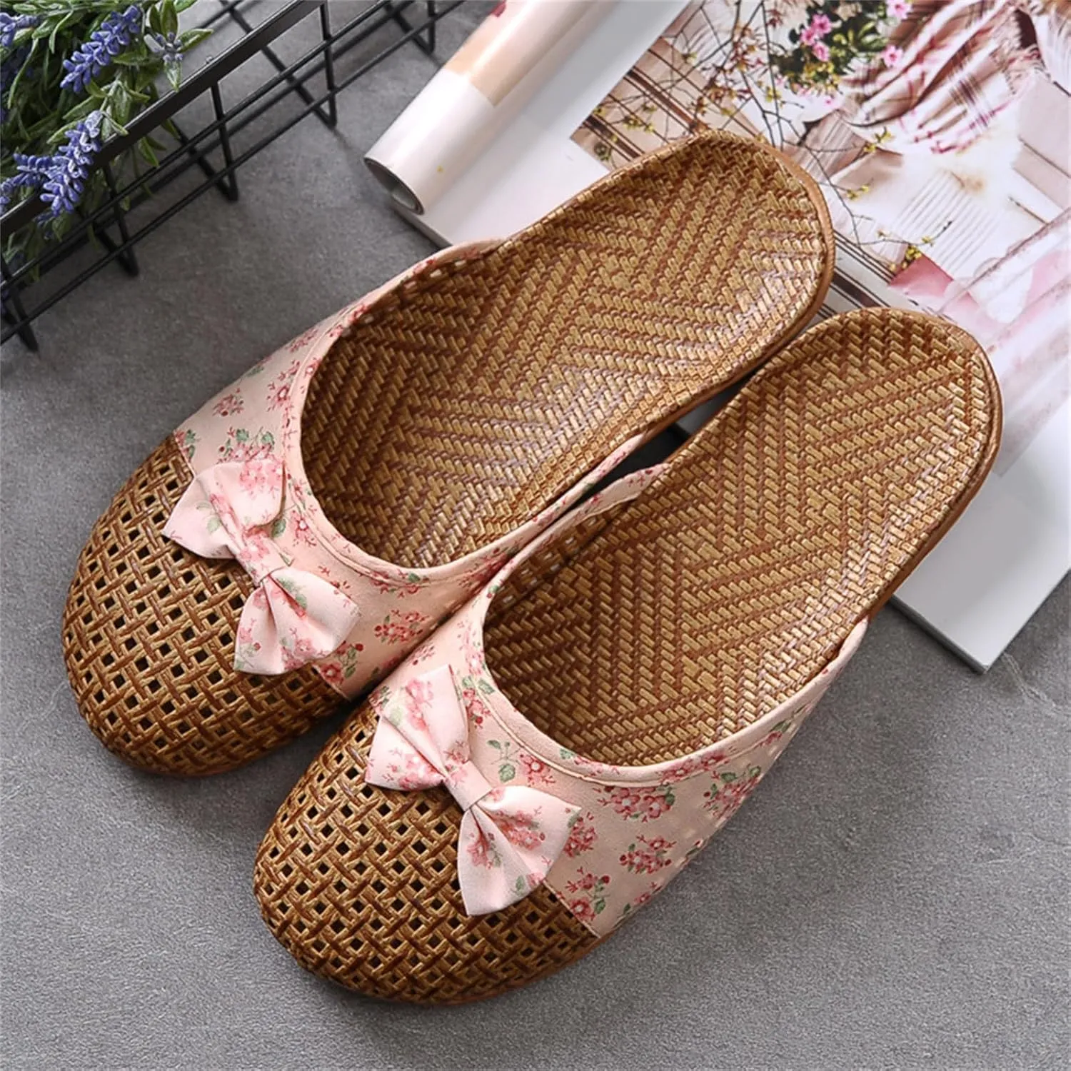 Slide Sandals for Women Summer Slippers Outdoor Indoor Vine Grass Woven Cotton Flax Non-Slip Casual Grass Mat sandal Sandal Bohemian Breathable Vacation Outfits Travel Slipper