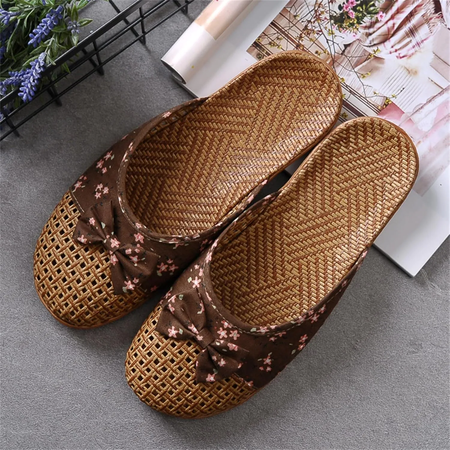Slide Sandals for Women Summer Slippers Outdoor Indoor Vine Grass Woven Cotton Flax Non-Slip Casual Grass Mat sandal Sandal Bohemian Breathable Vacation Outfits Travel Slipper