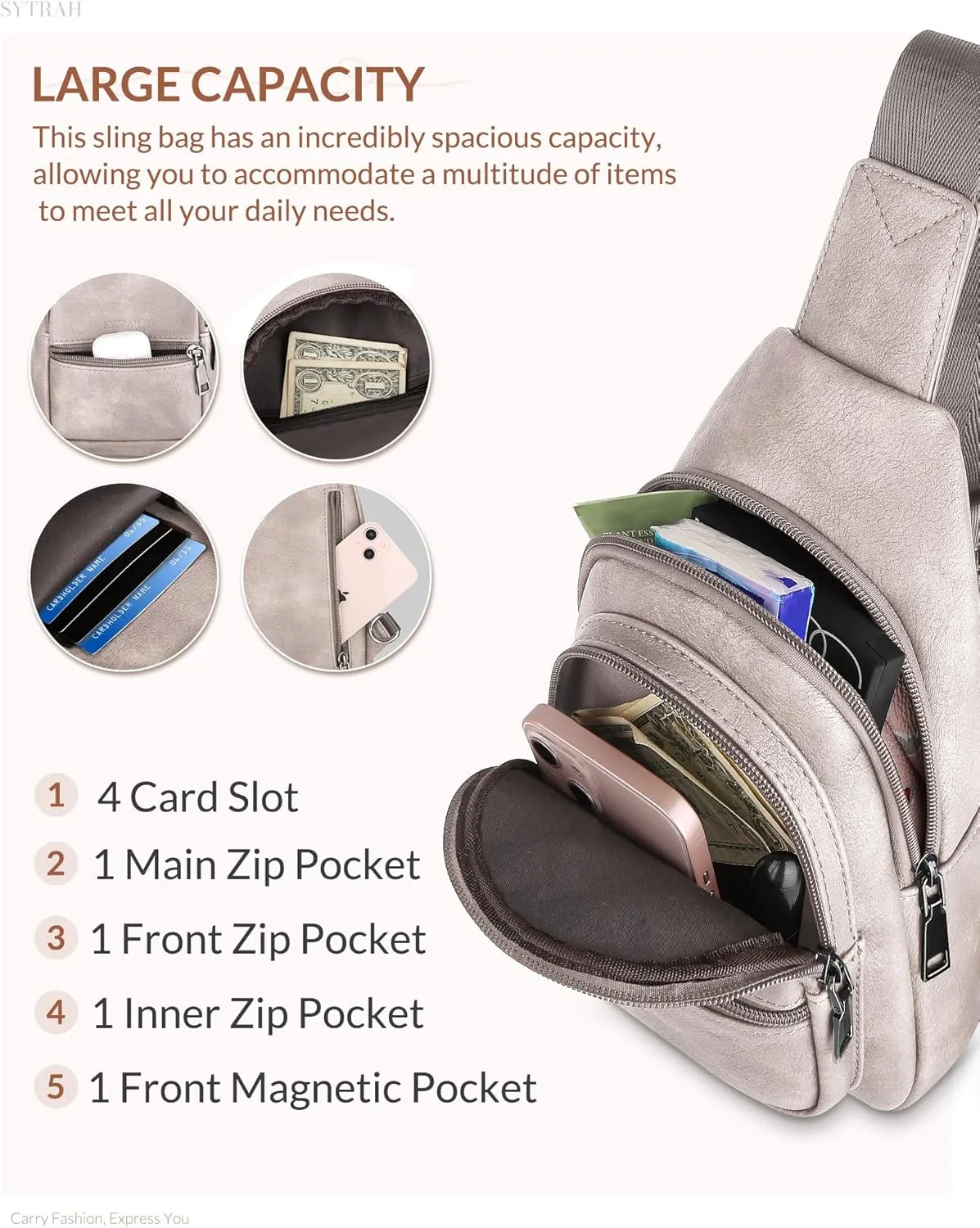 Sling Bag for Women, Crossbody Bags Purse for Women Trendy Vegan Leather Chest Bag with Adjustable Guitar Strap