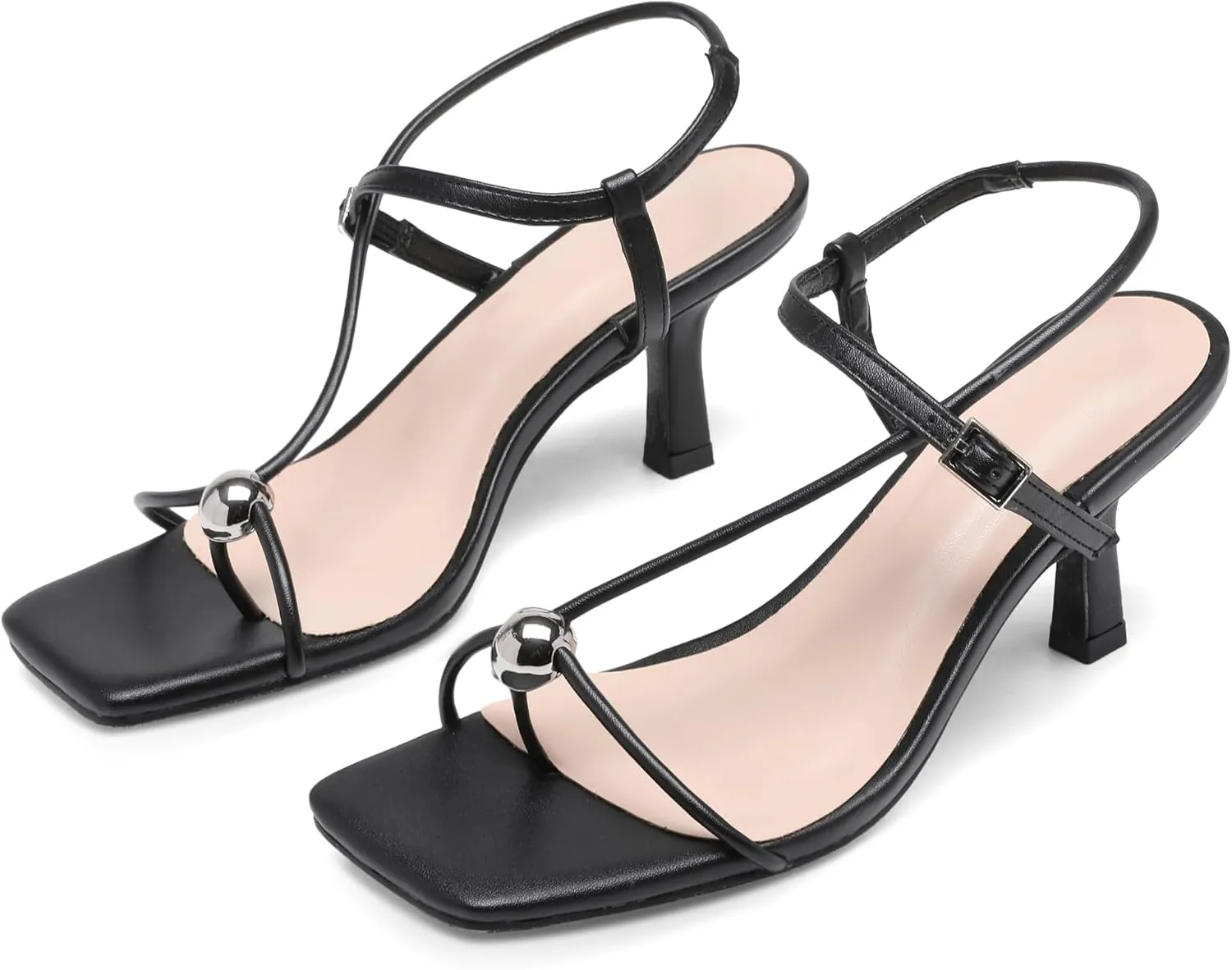 Slingback Heel Sandals for Women with Silver Ball Slim Straps Buckle Comfortable Open Square Toe Kitten Heels Wedding Dress Shoes for Women.