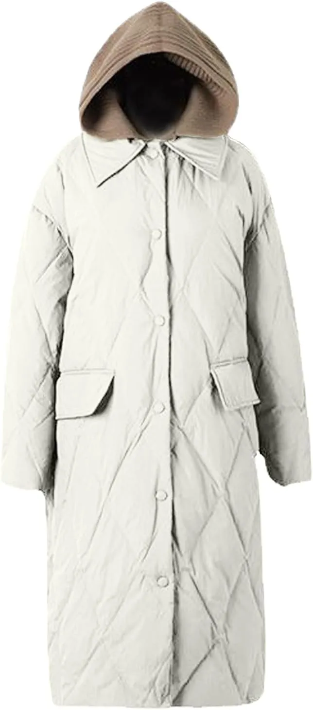 SMIDOW Ladies Lightweight Long Puffer Coat With Hood Fashion Womens Button Down Quilted Jackets Warm Winter Outerwear