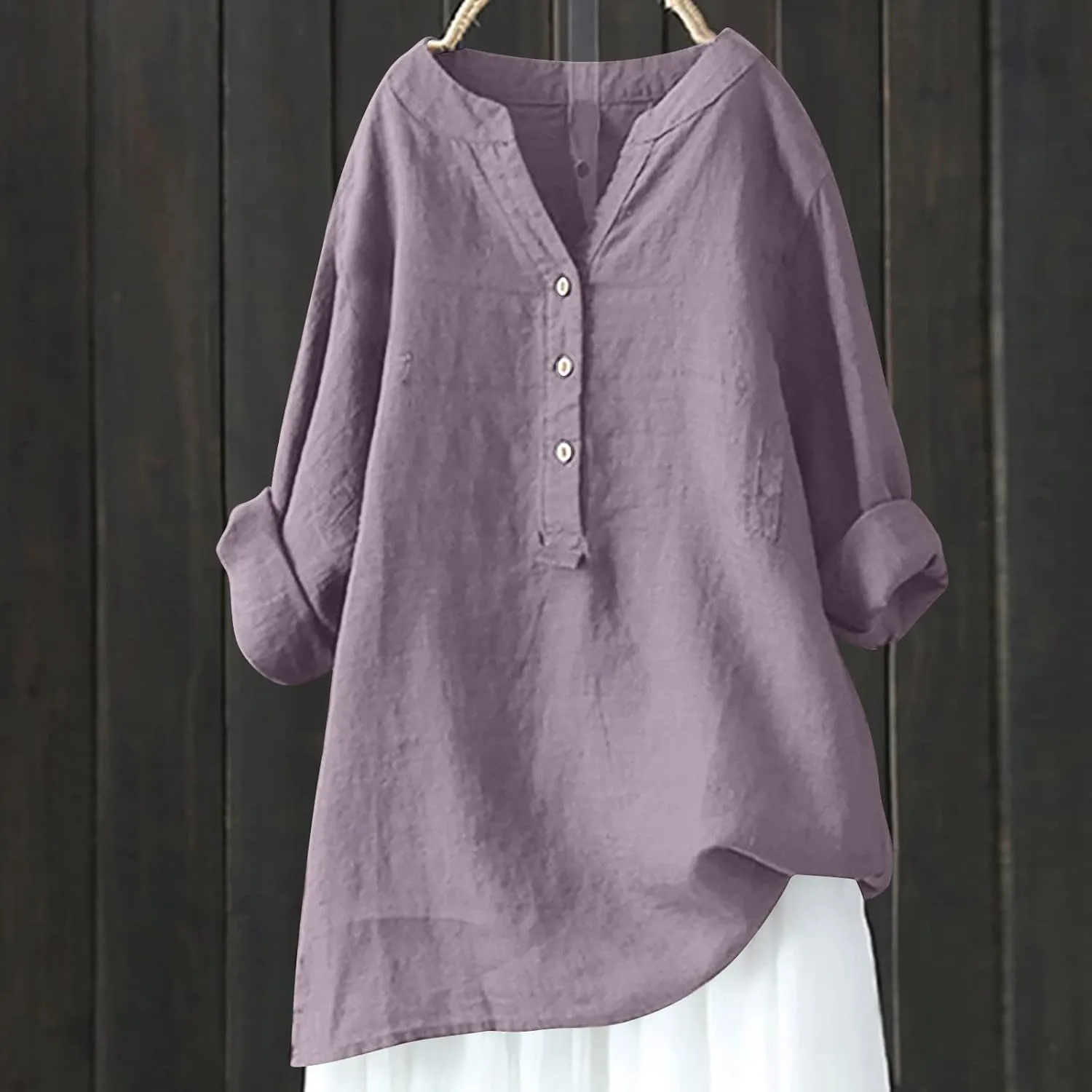 SMIDOW Linen Tops for Women Summer Plus Size Button Down Cotton Linen Shirts Long Sleeve v Neck Loose Comfy Blouse 2023