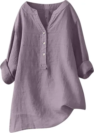 SMIDOW Linen Tops for Women Summer Plus Size Button Down Cotton Linen Shirts Long Sleeve v Neck Loose Comfy Blouse 2023