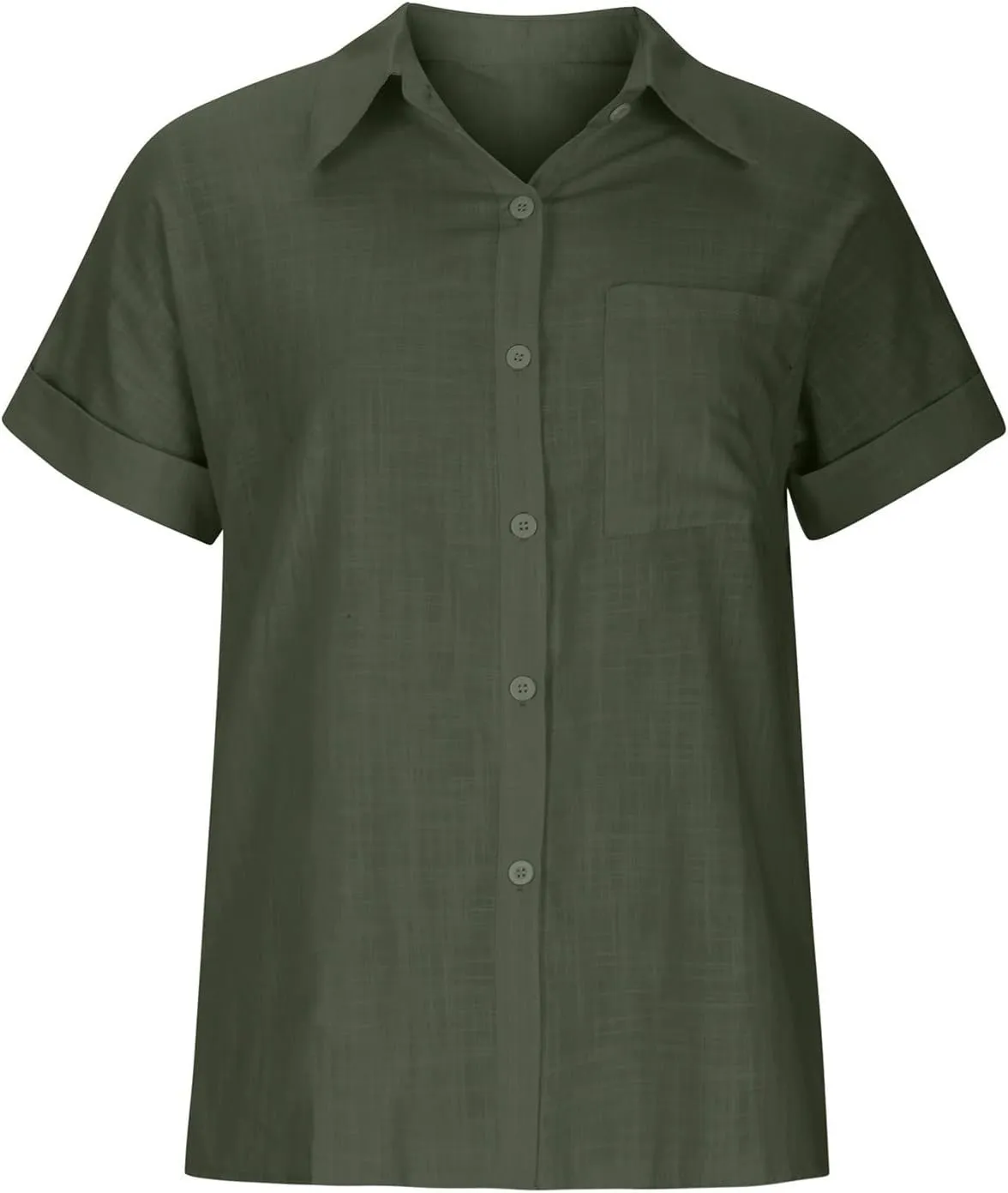 SMIDOW Womens Button Down Cotton Linen Shirts V Neck Roll Up Short Sleeve Blouses Loose Collared Shirt Casual Work Tops