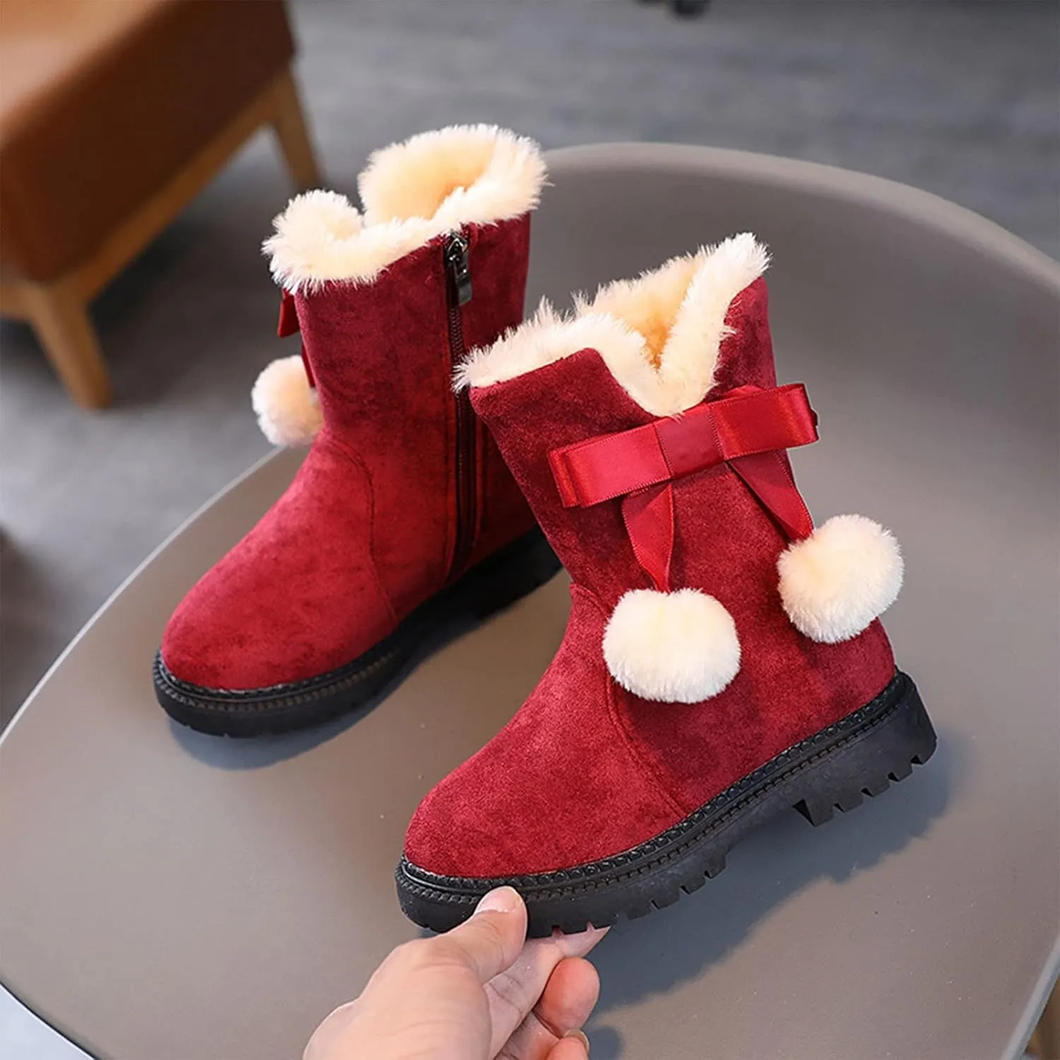 Snow Boots for Kids Girls Fur Lined Warm Shoe Lace up Work Boots Shoes Combat Booties Slip on Ankle Flats