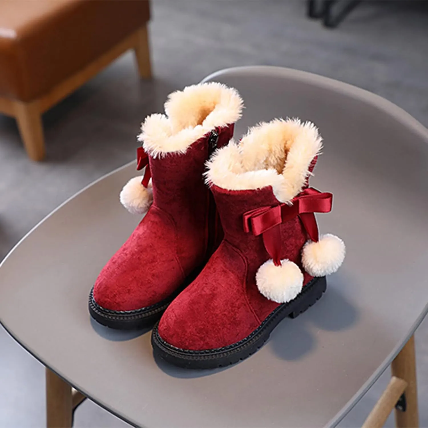 Snow Boots for Kids Girls Fur Lined Warm Shoe Lace up Work Boots Shoes Combat Booties Slip on Ankle Flats