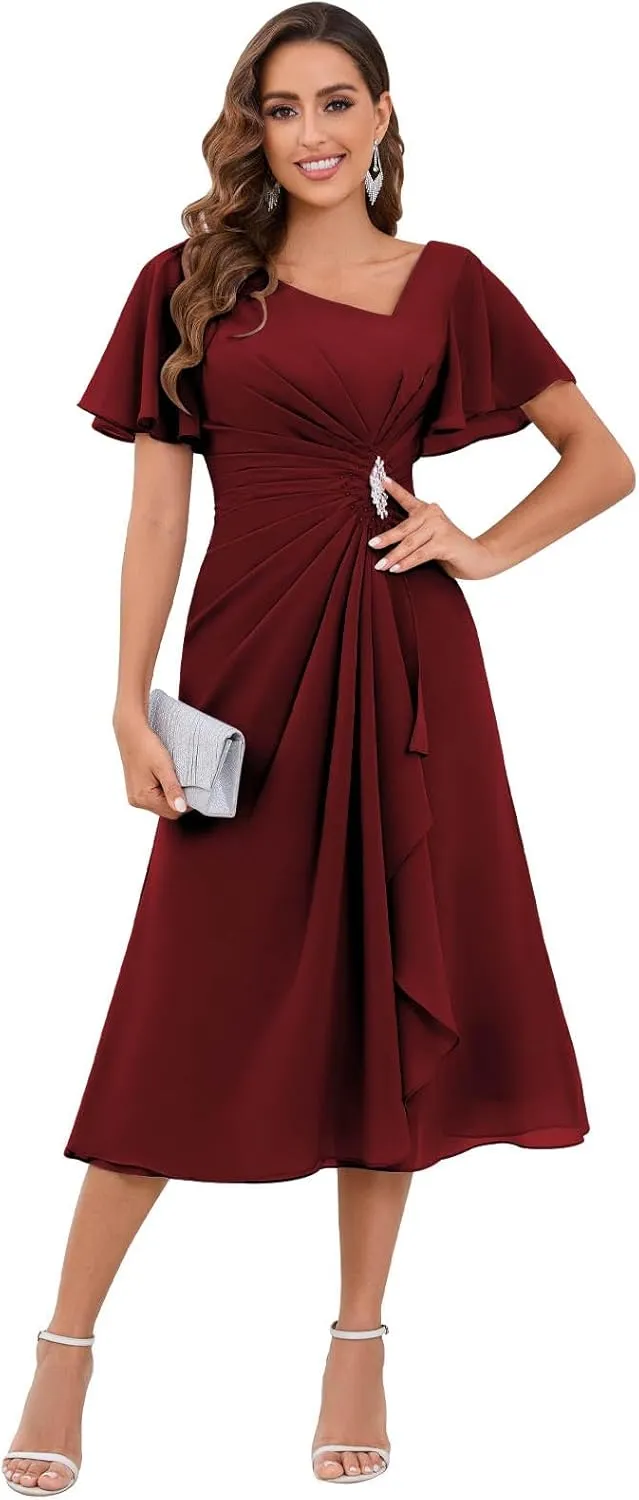 SOLODISH Mother of The Bride Dresses Asymmetric Chiffon Tea Length Mother of The Groom Dresses for Wedding