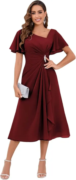 SOLODISH Mother of The Bride Dresses Asymmetric Chiffon Tea Length Mother of The Groom Dresses for Wedding