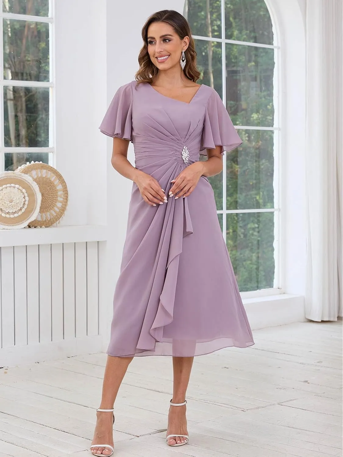 SOLODISH Mother of The Bride Dresses Asymmetric Chiffon Tea Length Mother of The Groom Dresses for Wedding