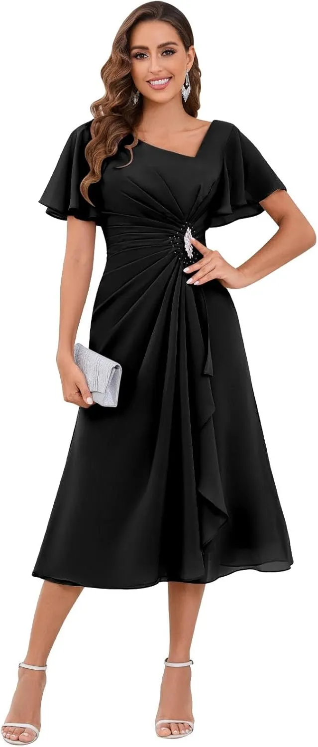 SOLODISH Mother of The Bride Dresses Asymmetric Chiffon Tea Length Mother of The Groom Dresses for Wedding