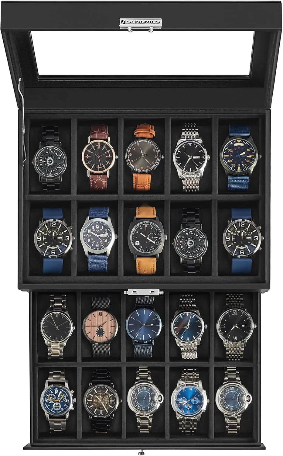 SONGMICS 20-Slot Watch Box, Watch Case with Glass Lid, 2 Layers, Lockable Watch Display Case, Black Synthetic Leather, Black Lining UJWB020B01