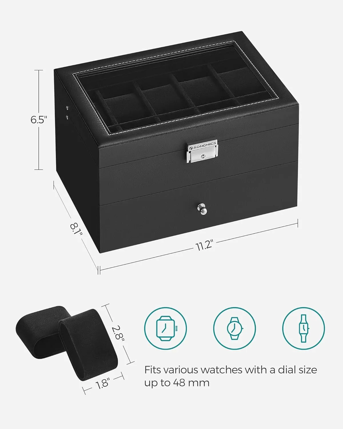 SONGMICS 20-Slot Watch Box, Watch Case with Glass Lid, 2 Layers, Lockable Watch Display Case, Black Synthetic Leather, Black Lining UJWB020B01