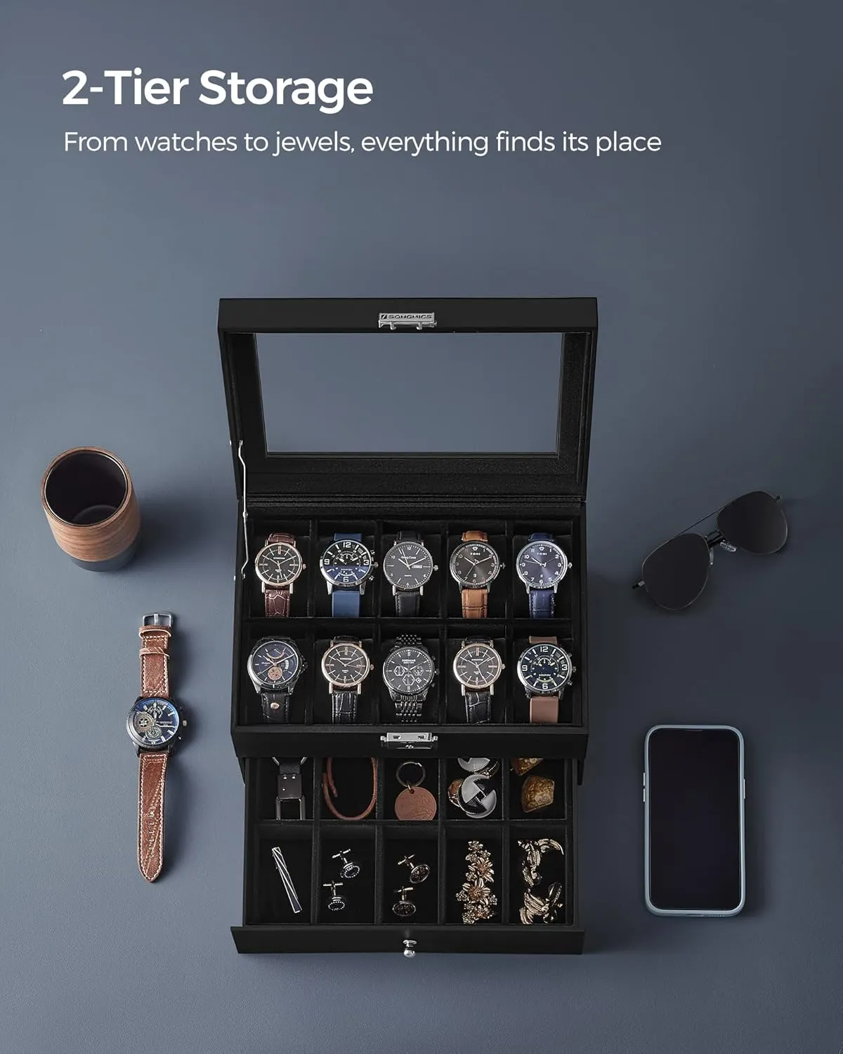 SONGMICS 20-Slot Watch Box, Watch Case with Glass Lid, 2 Layers, Lockable Watch Display Case, Black Synthetic Leather, Black Lining UJWB020B01