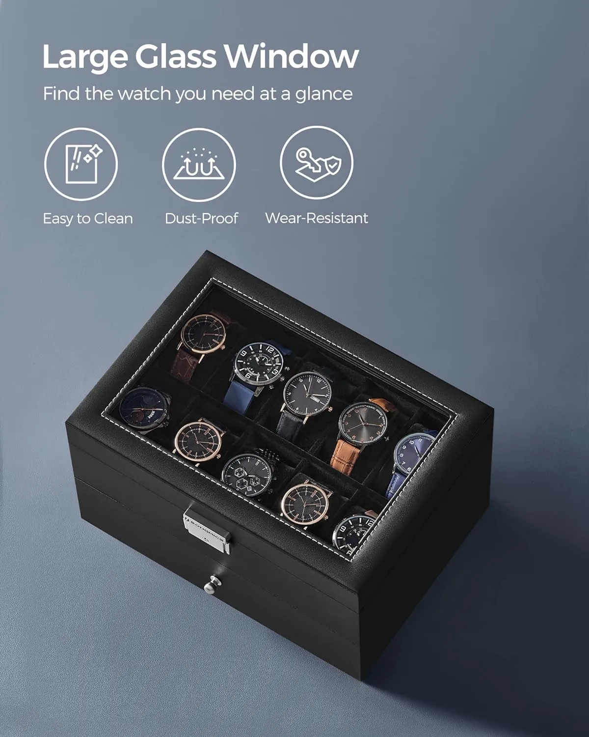 SONGMICS 20-Slot Watch Box, Watch Case with Glass Lid, 2 Layers, Lockable Watch Display Case, Black Synthetic Leather, Black Lining UJWB020B01