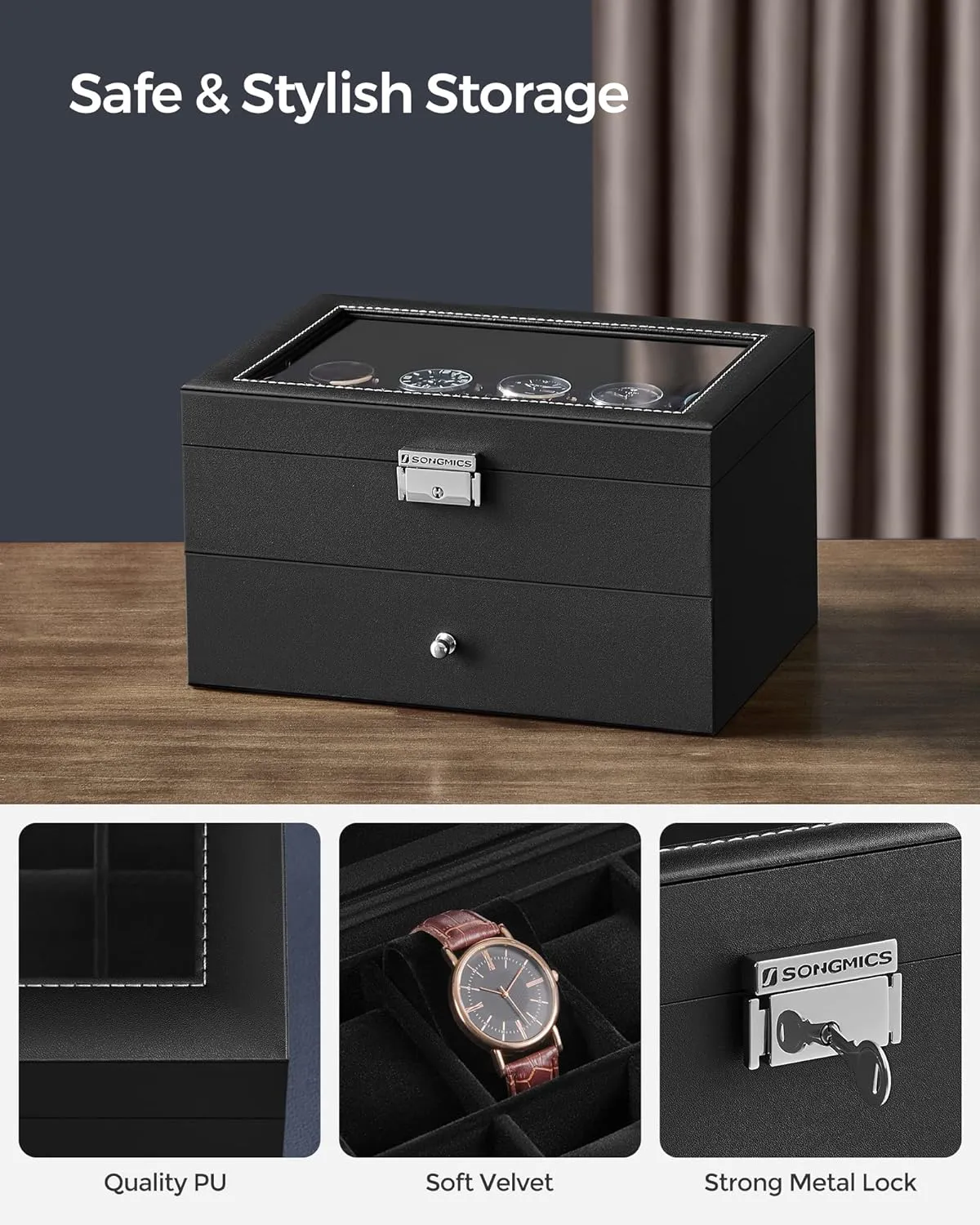 SONGMICS 20-Slot Watch Box, Watch Case with Glass Lid, 2 Layers, Lockable Watch Display Case, Black Synthetic Leather, Black Lining UJWB020B01