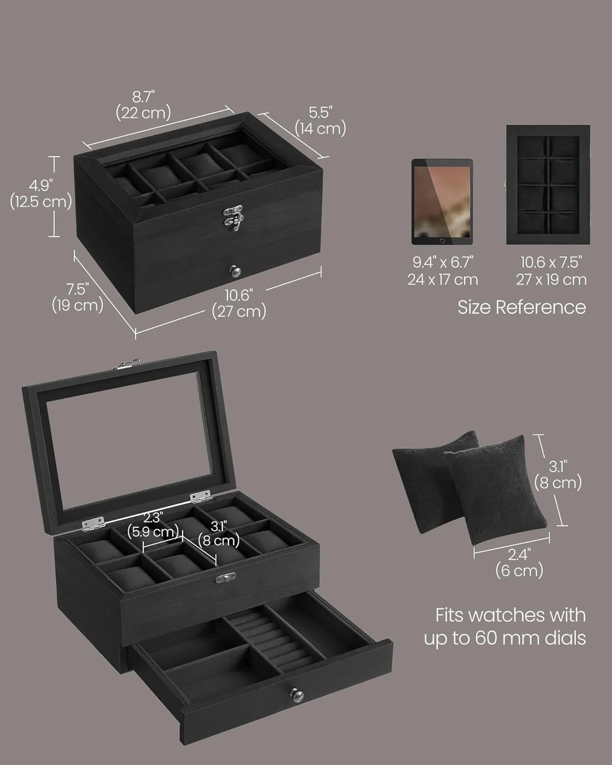 SONGMICS 8-Slot Watch Box, 2-Tier Display Case With Large Glass Lid, Removable Pillows, Velvet Lining, Jewelry Box, Gift Idea, Ink Black UJOW008B02